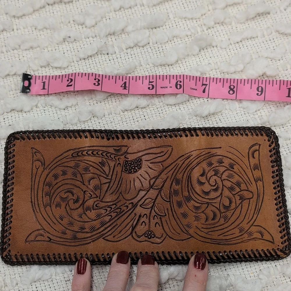 Vintage Tooled Leather Tri Fold Men's Women's Brown Tan Wallet Billfold